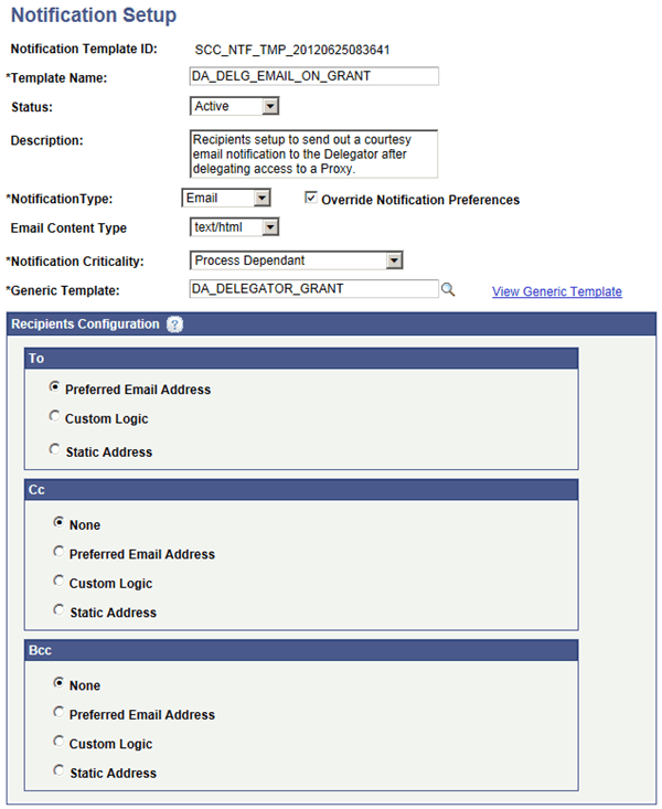 Notification Setup Page, Email Channel Selected 1 of 2