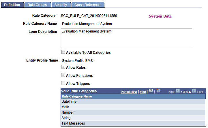 Rule Category - Definition page: Evaluation Management System Rule Category
