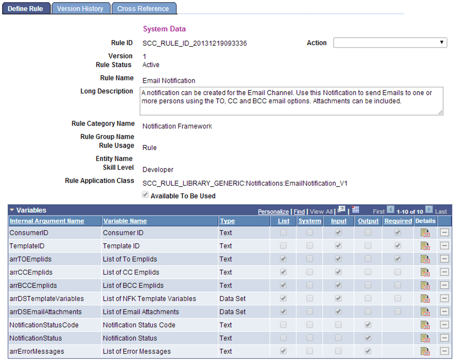 Define Rule Page for Rules Engine Notification Example