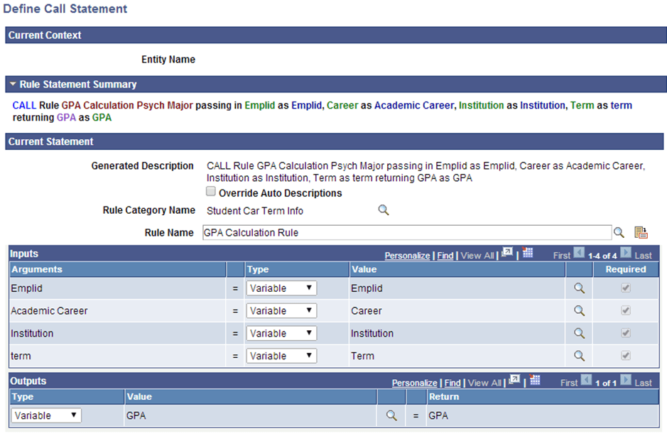 Define Call Statement page for Creating Method B Trigger for Rules Engine User Interface Integration Example