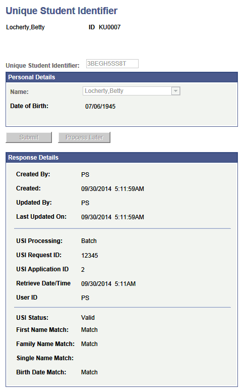 Unique Student Identifier page