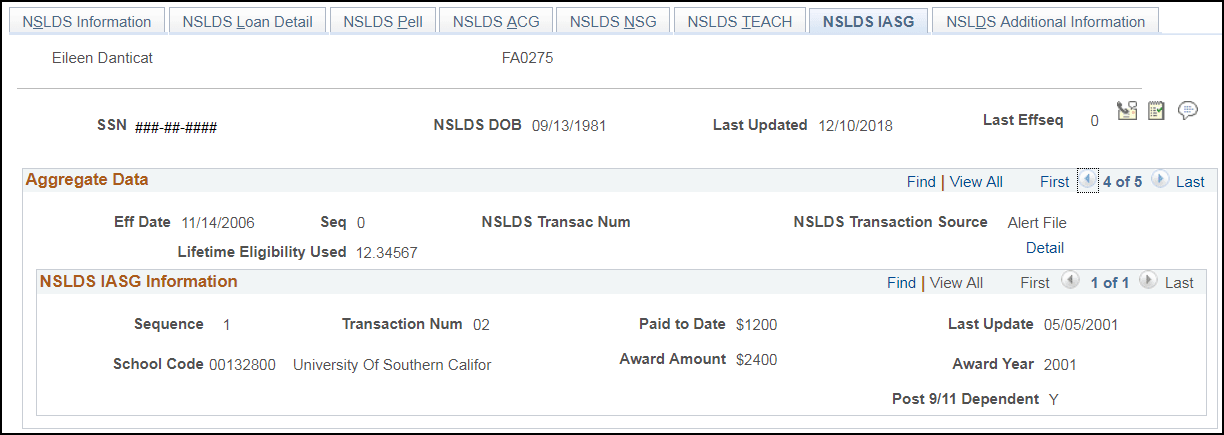 NSLDS (national student loan data system) IASG (Iraq Afghanistan service grant) page