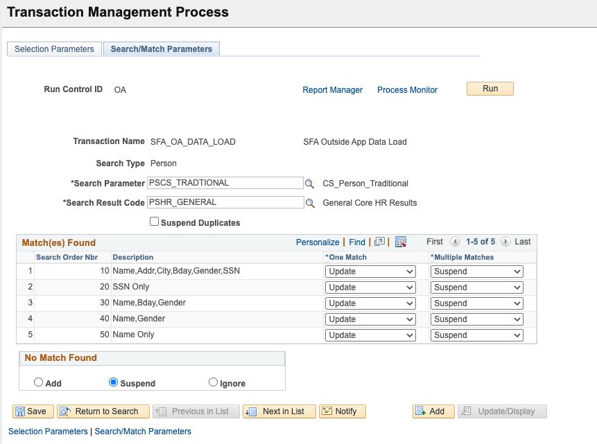 Example of Transaction Management Process - Search/Match Parameters page for loading OA data