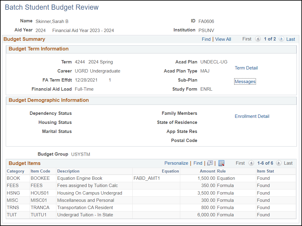 Batch Student Budget Review page