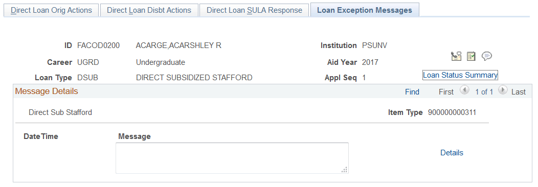 Loan Exception Messages page