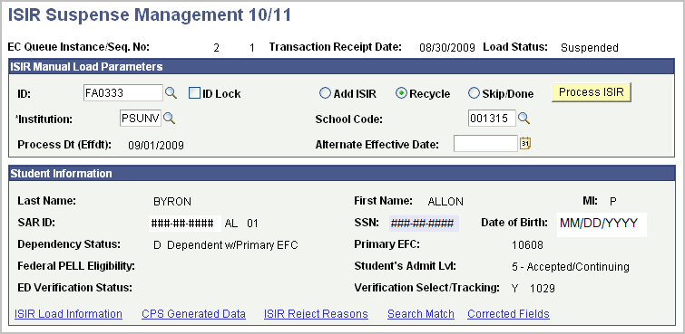 ISIR (Institutional Student Information Record) Suspense Management nn/nn page