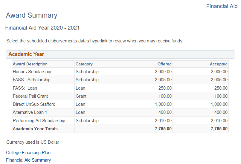 Self Service with College Financing Plan Link Example