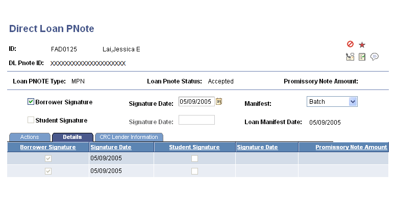 Direct Loan PNote (Promissory Note) page: Details tab
