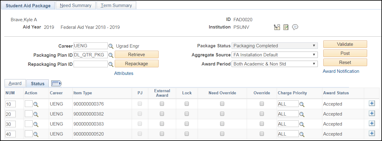 Student Aid Package page: Status tab