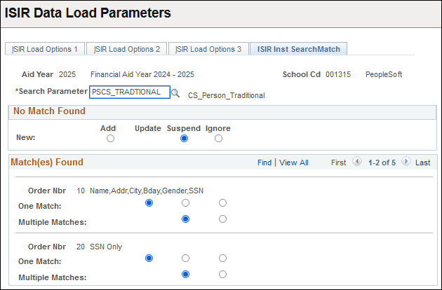 ISIR (Institutional Student Information Record) Inst (institutional) Search Match page