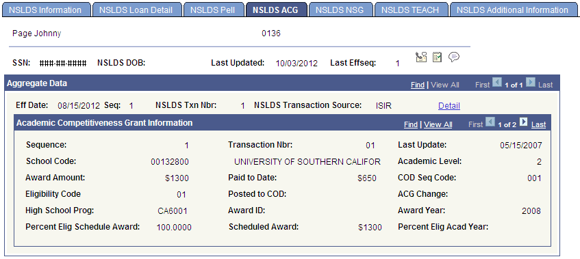 NSLDS (National Student Loan Data System) ACG (Academic Competitiveness Grant) page