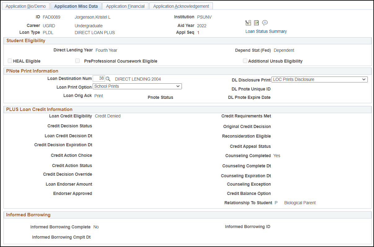 Application Misc (Miscellaneous) Data page