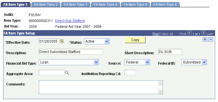 FA (financial aid) Item Type 1 page