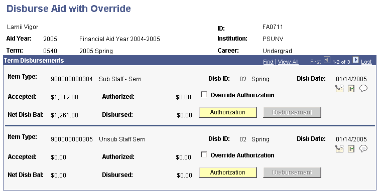 Disburse Aid with Override page