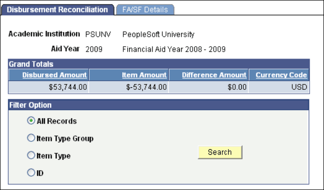 Disbursement Reconciliation page