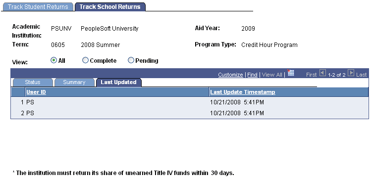 Track School Returns page: Last Updated tab