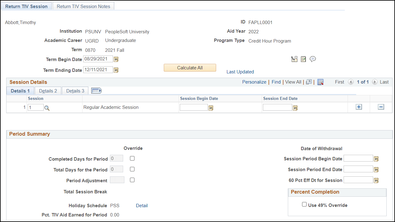 Return TIV (title four) Session page