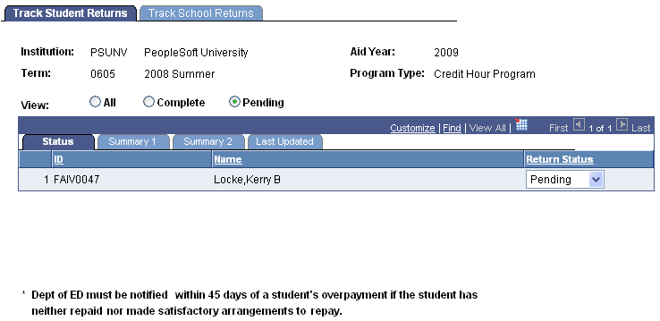 Track Student Returns page: Status tab