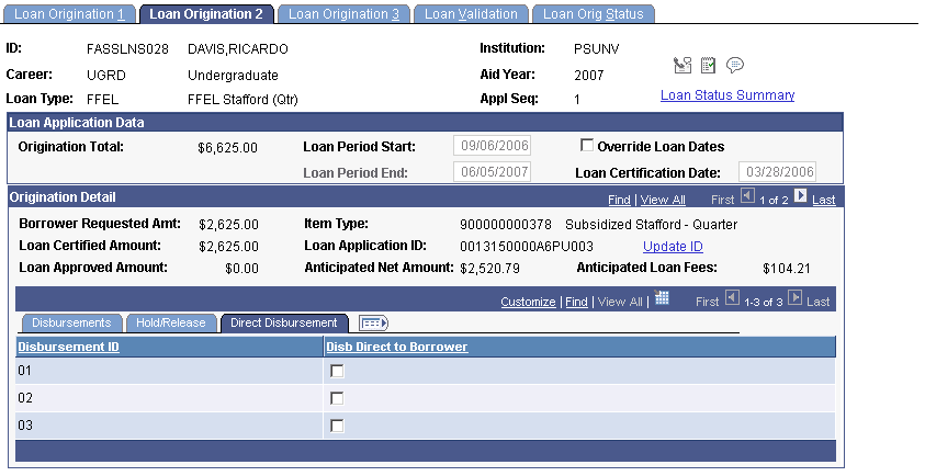 Loan Origination 2: Direct Disbursement tab
