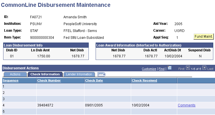 CommonLine Disbursement Maintenance page: Check Information tab
