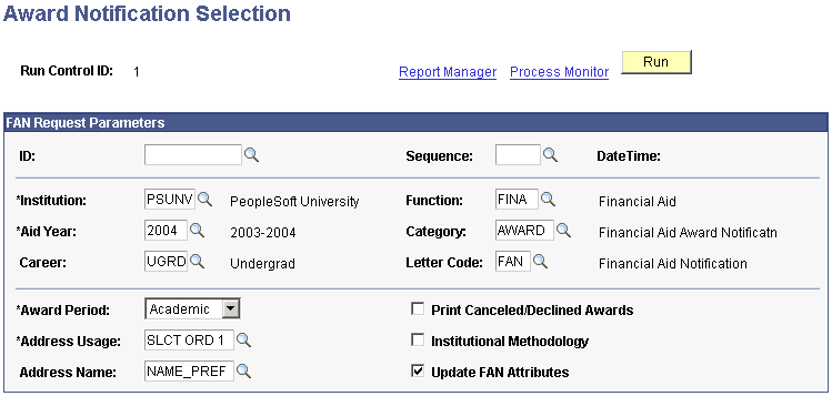 Award Notification Selection (process) page