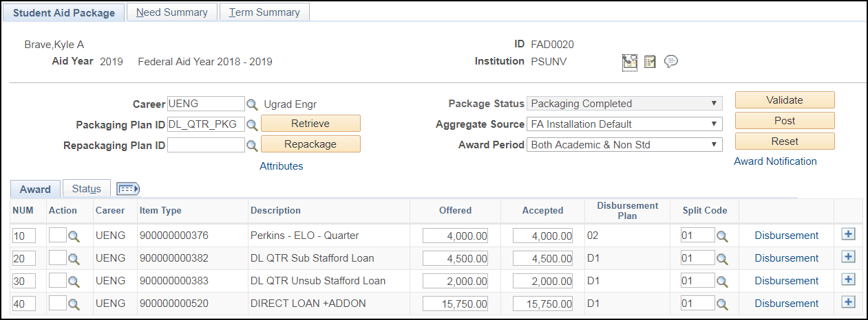 Student Aid Package page: Award tab