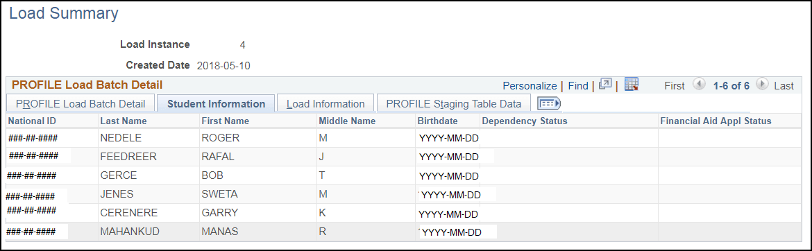 PROFILE Load Summary page, Student Information tab