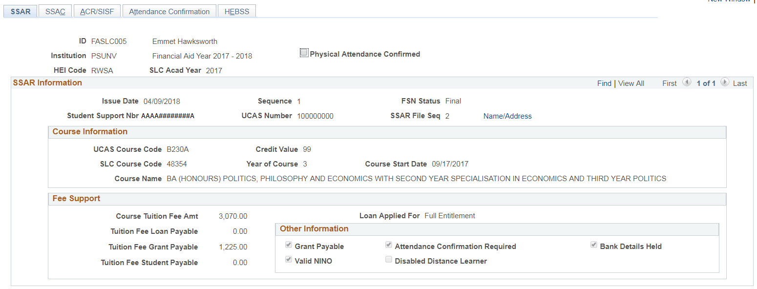 SSAR (Student Support Attendance Request) page