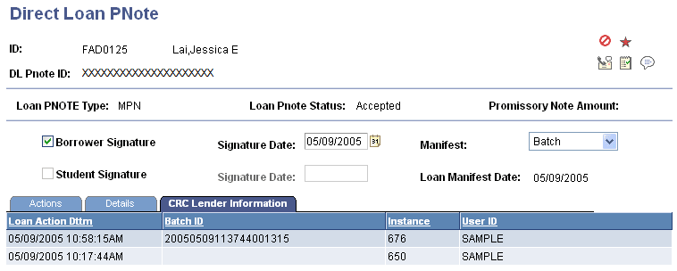 Direct Loan PNote (Promissory Note) page: CRC (Common Record CommonLine) Lender Information tab