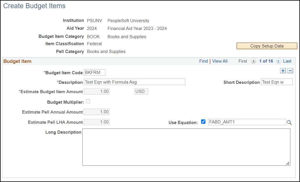 Create Budget Items page