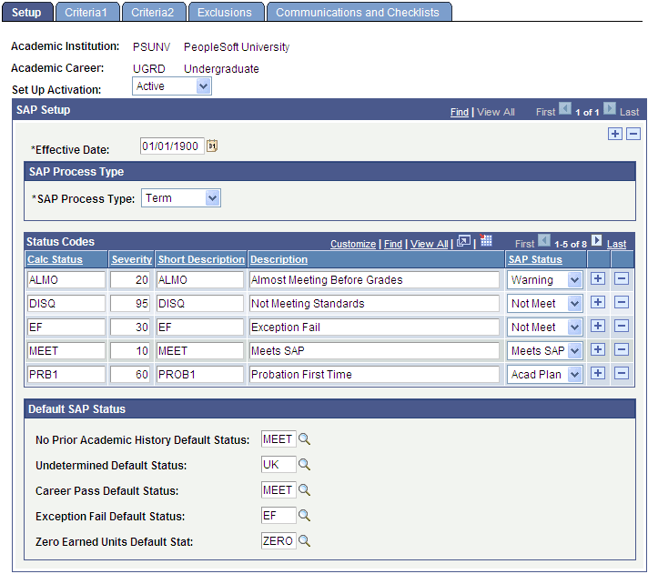 SAP (satisfactory academic progress) Setup page
