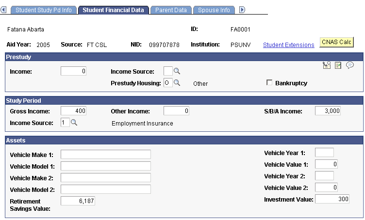 Student Financial Data page