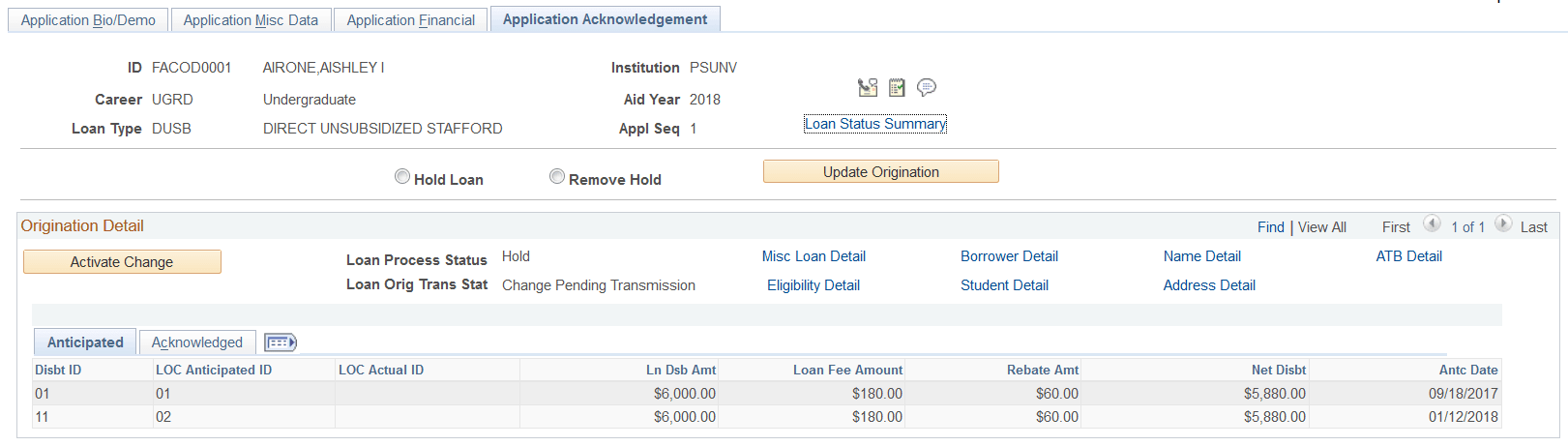 Application Acknowledgement page, Anticipated tab