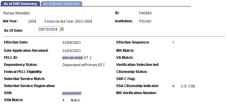 As of ISIR (Institutional Student Information Record) Summary page