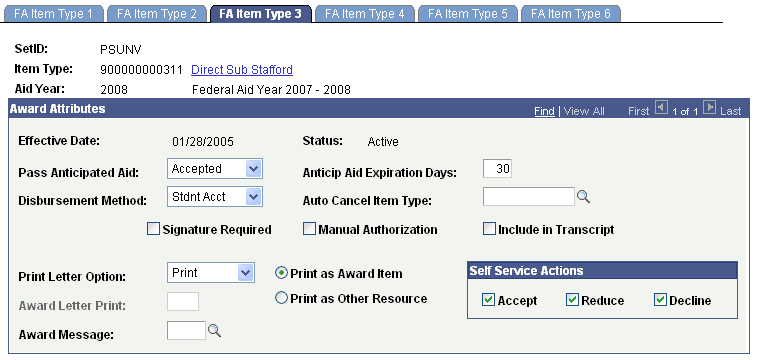FA (financial aid) Item Type 3 page