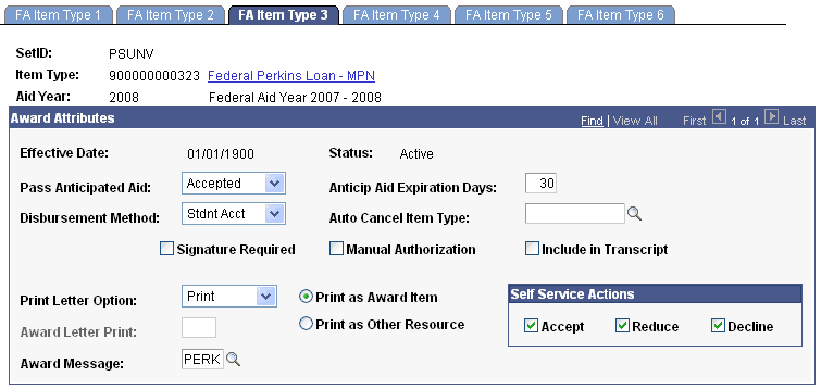 FA (financial aid) Item Type 3 page