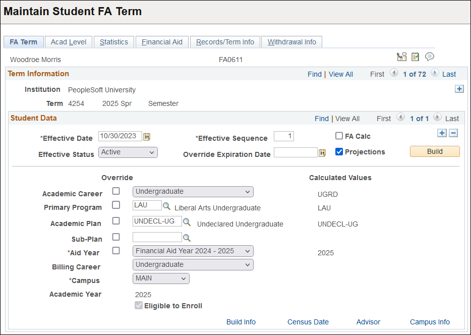 FA (financial aid) Term page