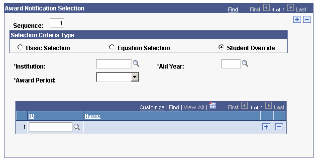 FAN (financial aid notification) Letter Run Control page with Student Override Selection page