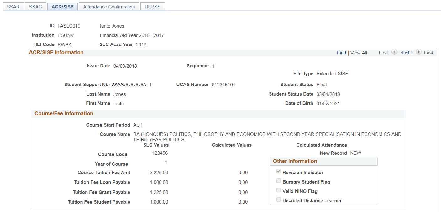 ACR (Attendance Confirmation Report)/SISF (Student Information Service File) page (1 of 2)