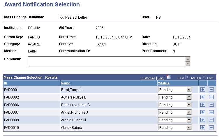 Award Notification Selection page