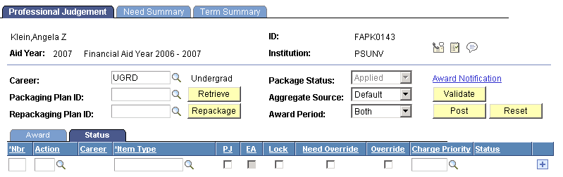 Professional Judgement page: Status tab