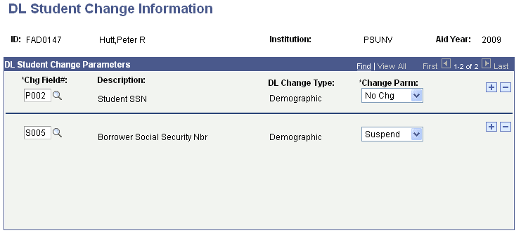 DL (Direct Loan) Student Change Information page