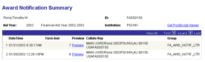 Award Notification Summary page