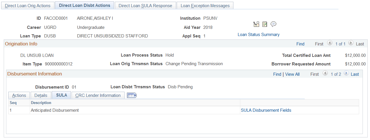 Direct Loan Disbt (disbursement) Actions Page: SULA (subsidized undergraduate limit applies) tab
