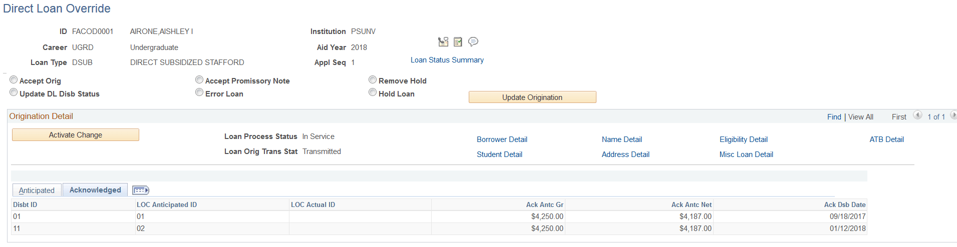 Direct Loan Override page - Acknowledged tab