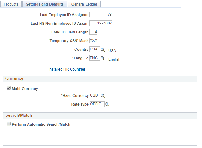 Settings and Defaults page