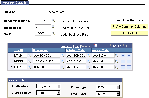 Operator Defaults page