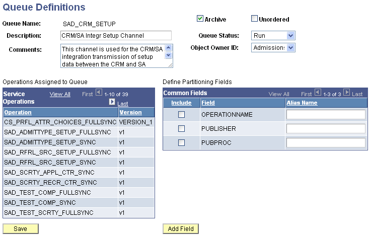 Example of setup on Queue Definitions page