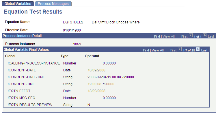 Equation Test Results page, Global Variables tab