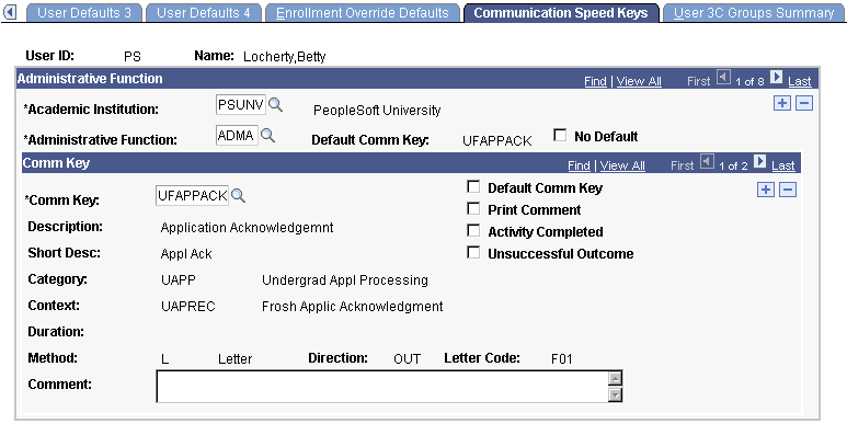 Communication Speed Keys page